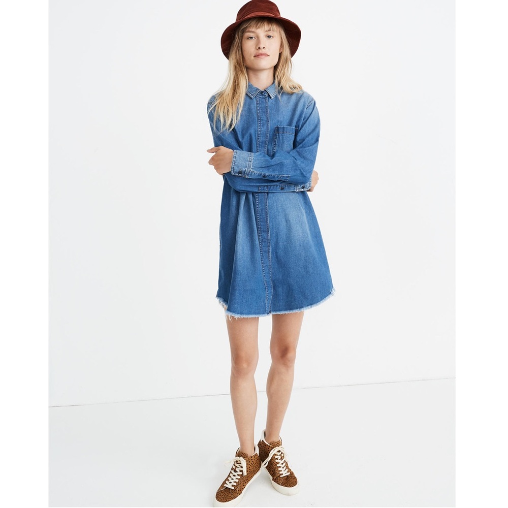 Madewell Denim Oversized Ex-Boyfriend Shirtdress Frayed Hem Blue